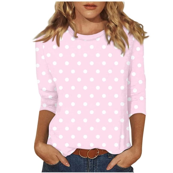 Lmueinov Womens Plus Size Summer Tops 3/4 Sleeve Polka Dot Crew Neck T-Shirt Casual Loose Fit Blouse Tops for Going Out Daily Wear S-5XL