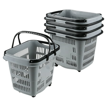 DynkoNA 50 Liter Plastic Rolling Grocery Shopping Carts, 4 Pack Portable Shopping Basket with 4 Wheels, Gray
