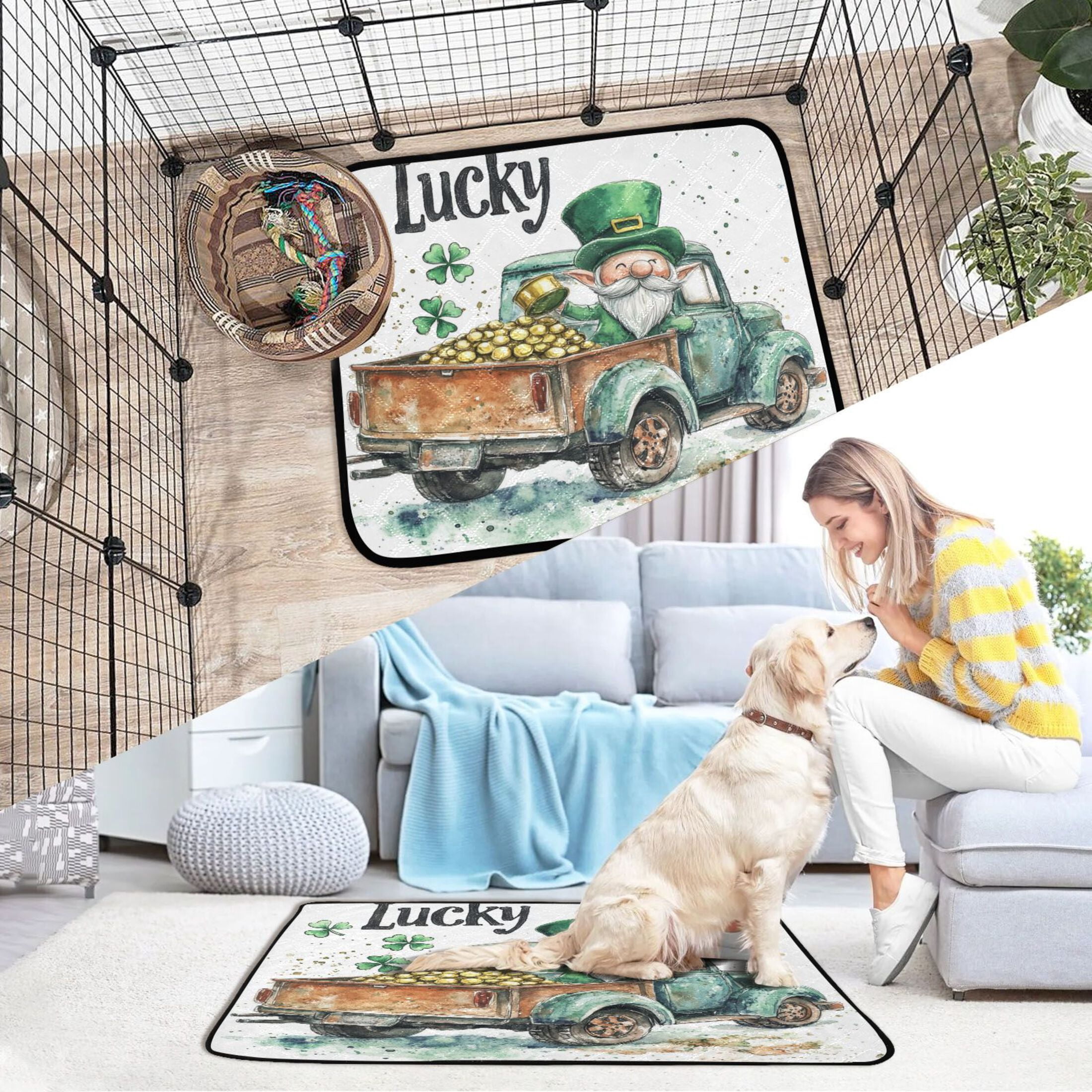 Qxltty St Patricks Day Lucky Car Cat litter Pads Pet Set of 2 Diaper Mats Center Anti-leakage Layer Absorbent Soft and Comfortable