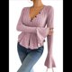 thumbnail image 3 of Camiseta Elegante de Larga con Cuello en V para Mujer, Otoño e Invierno, con Volantes, Corte Entallado y Mangas Acampanadas Rosa XL, 3 of 9