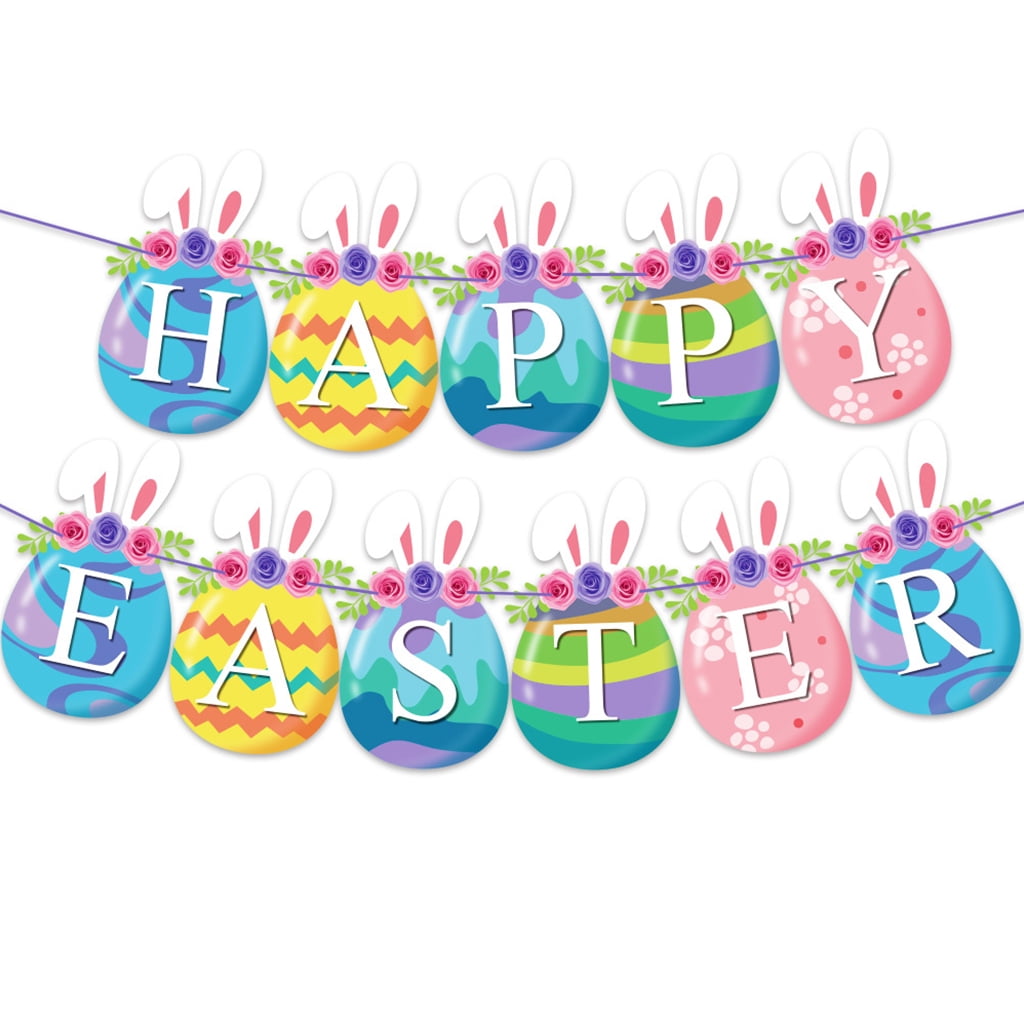 Happy Easter Banners for Fireplace, With Cute Bunny Patterns, Paper Party Decoration, Rustic Farmhouse Decor, Sign Hangings For Windows, Door Entry, Office, Fireplace, Wall