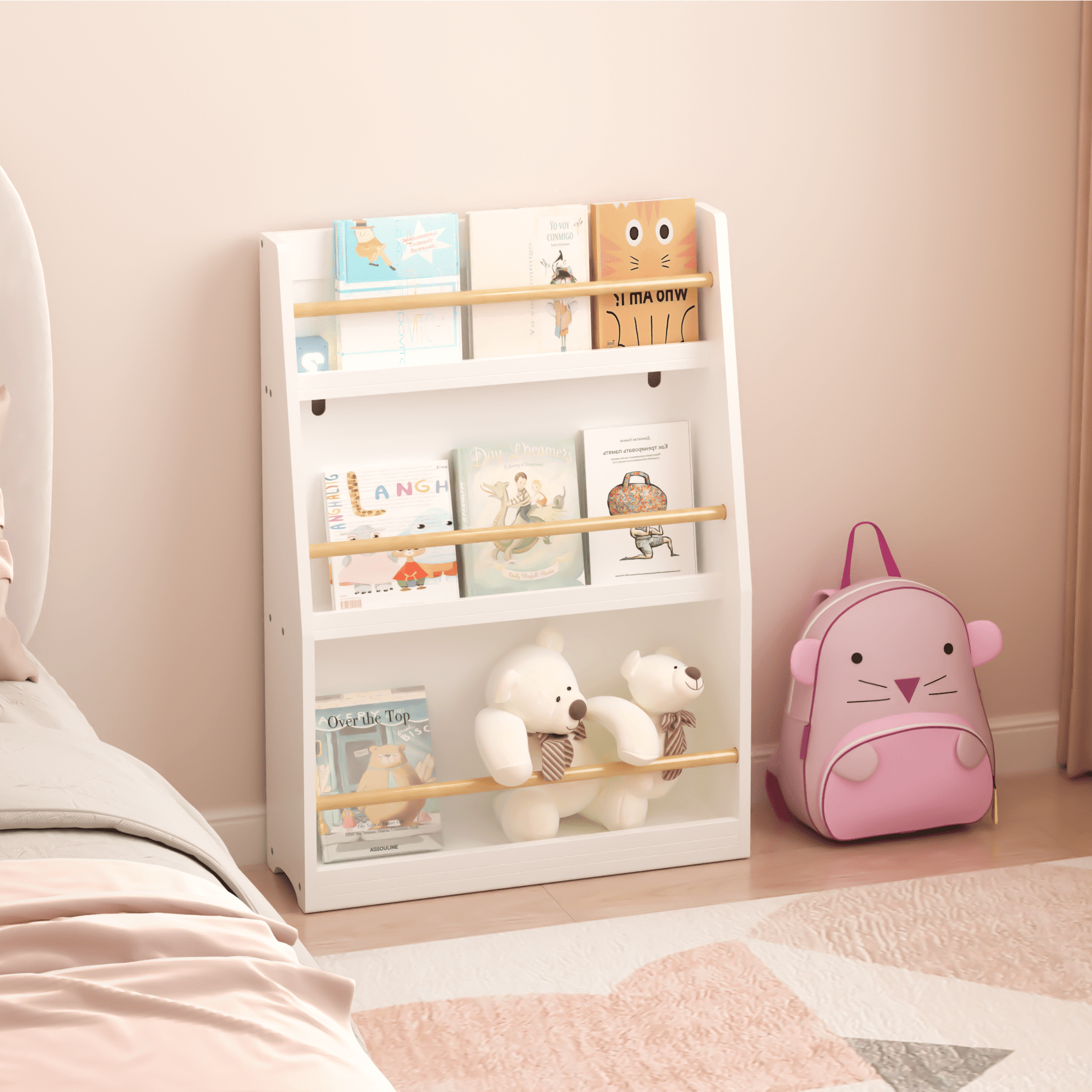 3-Tier Kids Book Shelf - White MDF & Pine Wood Book Rack for Bedroom, Playroom & Classroom, Organizes Books & Toys, 31.5" Tall