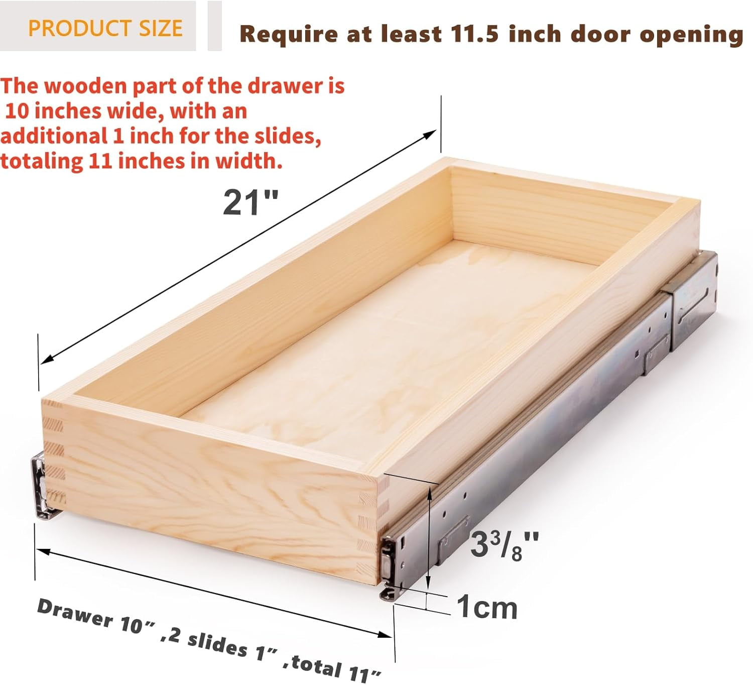 Pull Out Cabinet Drawer, 11”W x 21”D Soft Close Slide Out Wood Drawer Organizer for Kitchen, Finished, Bottom Assembly (Wood Drawer Part is Width 10'')
