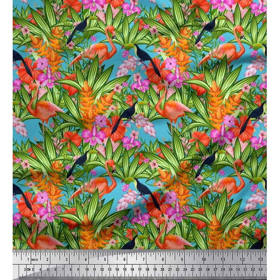 Soimoi Moss Georgette Fabric Floral,Toucan & Flamingo Bird Print Sewing Fabric Yard 42 Inch Wide