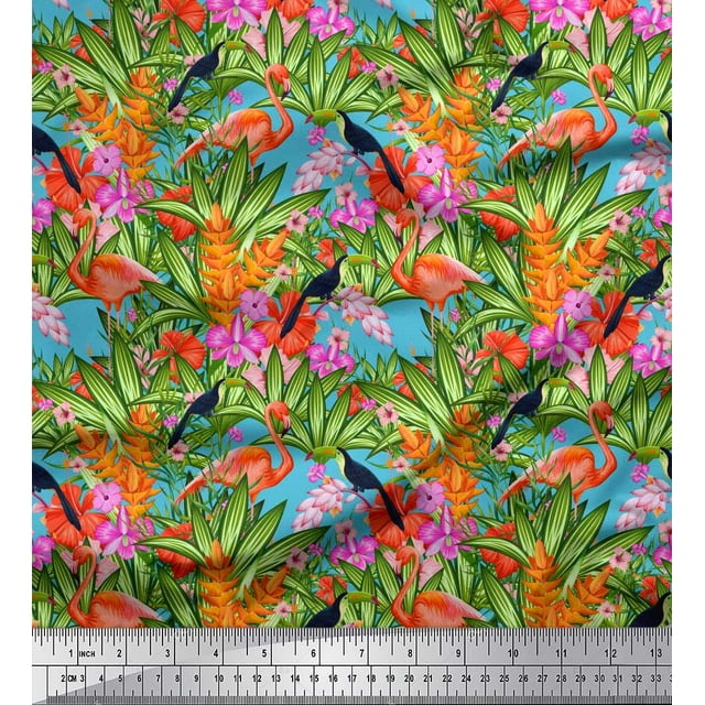 Soimoi Rayon Fabric Floral,Toucan & Flamingo Bird Print Fabric by The Yard 56 Inch Wide