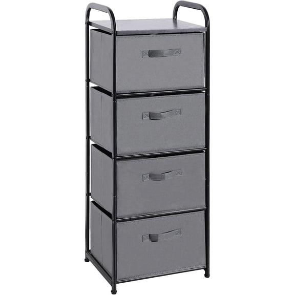 4 Drawer Fabric Dresser Tall Storage Tower, Dresser Chest with Wood Top, Vertical Nightstand Side Organizer Unit with Metal Frame for Closets Bedroom Nursery Room Hallway, (Grey)