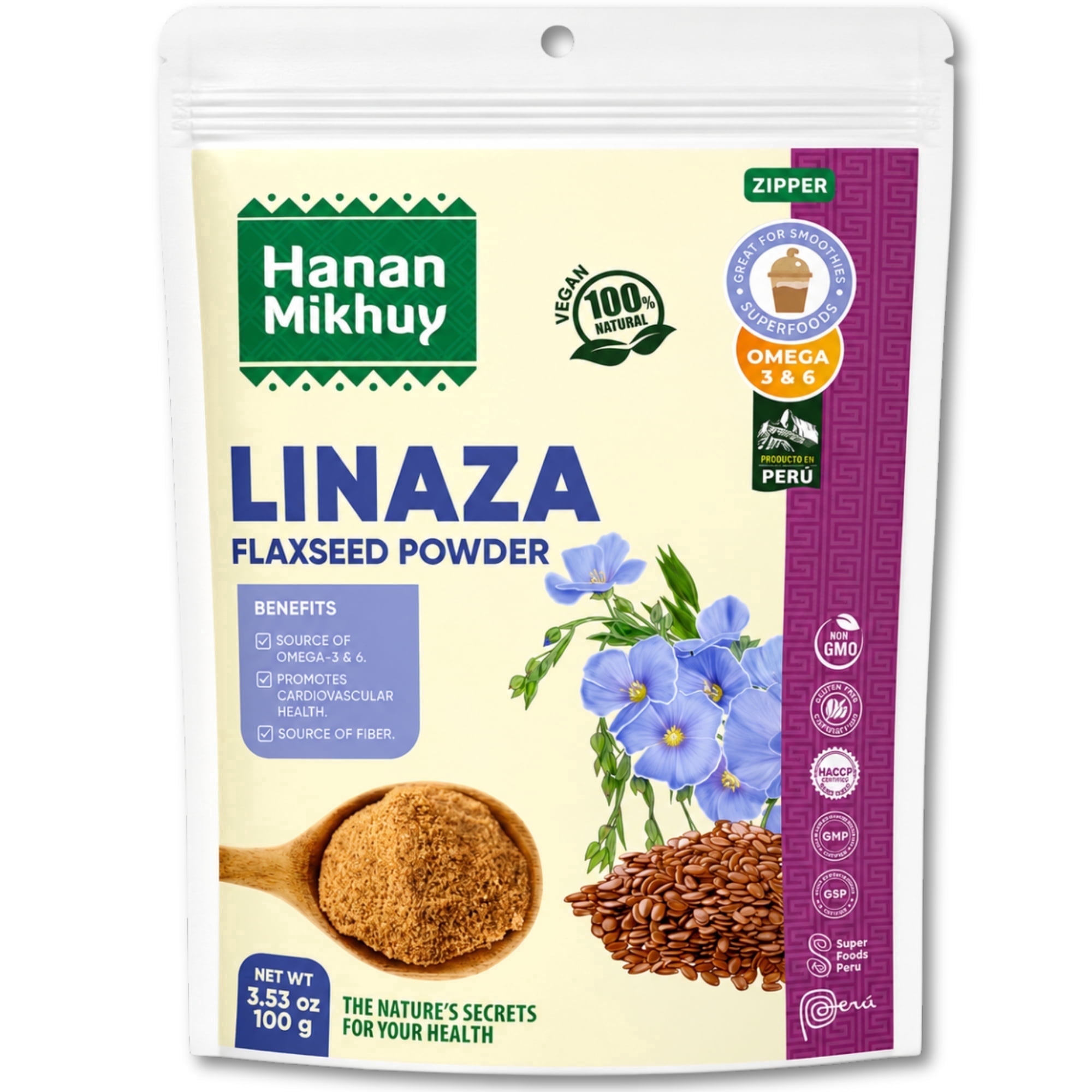Linaza 100g - 100% Natural Flaxseed Powder for Omega-3, Fiber & Digestive Wellness, Vegan, Non-GMO, Gluten-Free, Keto from Peru (3.53oz)