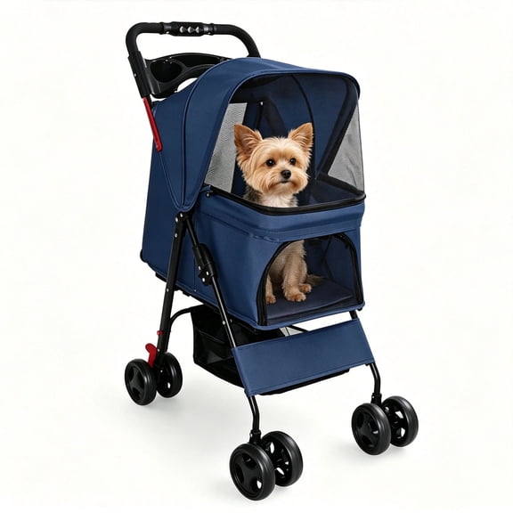 JXXRZ Foldable Pet Stroller for Small Dogs & Cats, 4-Wheel with Storage Basket, Blue