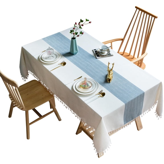 Cotton Linen Plaid Tablecloth, Rectangle Farmhouse Table Cover with Tassels