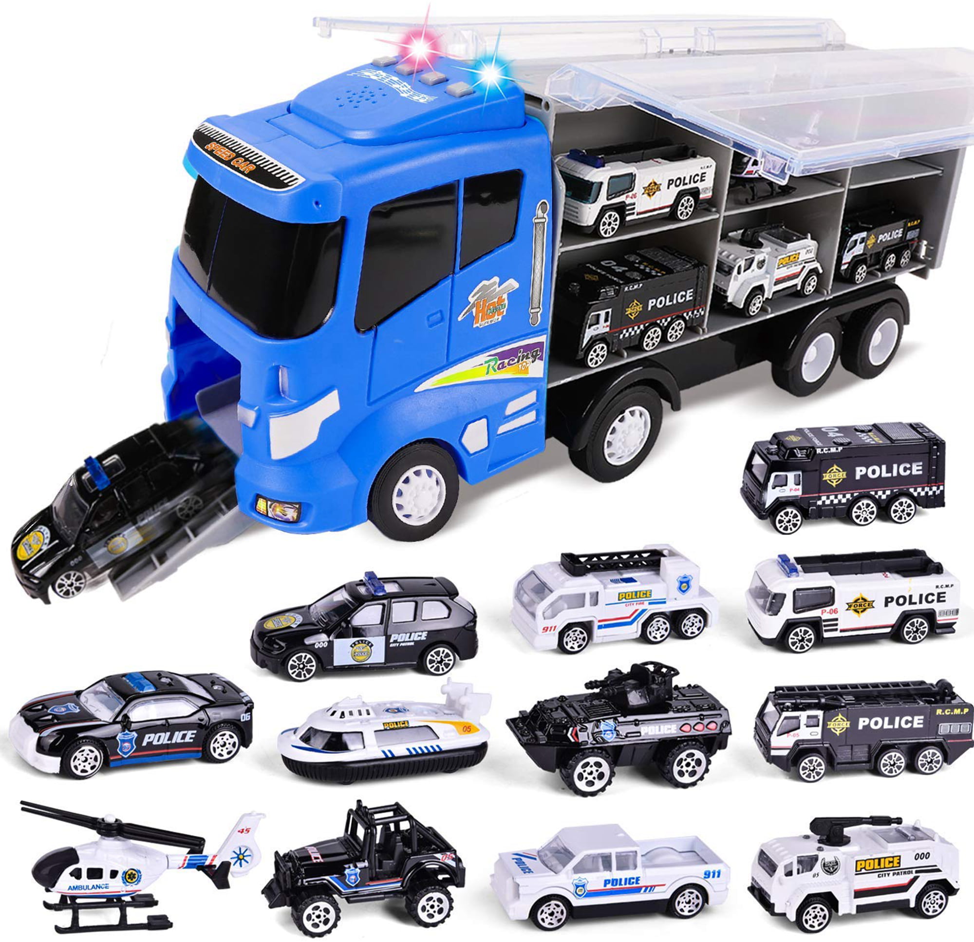 Police Helicopter Truck Transporter Small World Toys Vehicles friction powered