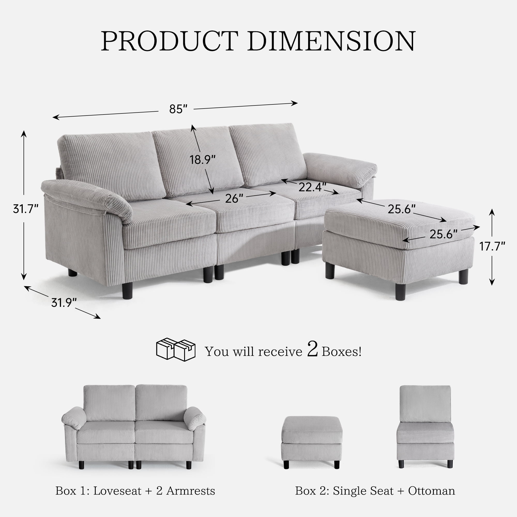 AUNEKIV Modular Sectional Sofa with Movable Ottoman, L-Shape 3-seat Storage Couch for Living Room, Lightgrey