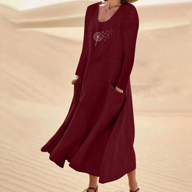 Meichang Robes Évasées pour Femmes Grande Taille Été Amples Décontractées en Coton et Lin Robes Maxi Manches Longues Encolure Dégagée Robes à Imprimé Pissenlit avec Poches Robes Amples Fluides Bordeaux TTTTG