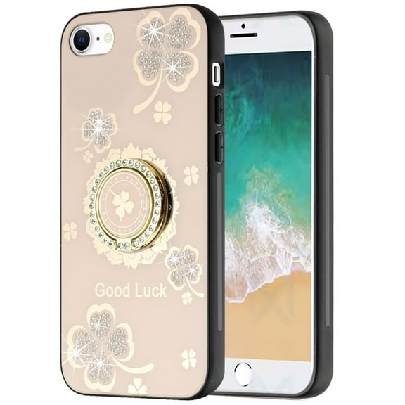For Apple iPhone SE 4 Case, Diamonds 3D Fashion Floral Bling Sparkly Glitter Ornaments Engraving Hybrid with Ring Stand Phone Cover (Gold Good Luck Floral)