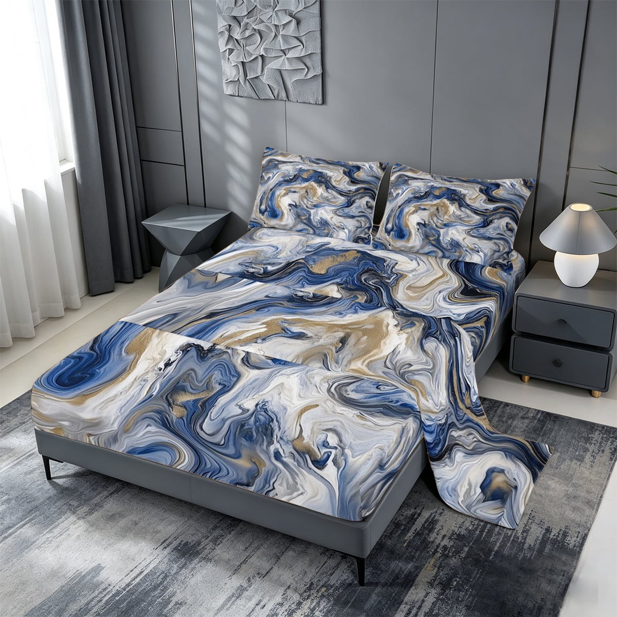 meiyoeat Blue Gold Marble Queen Sheets For Kids,Fluid Swirl Design Queen Sheet Sets For Adults,4pcs