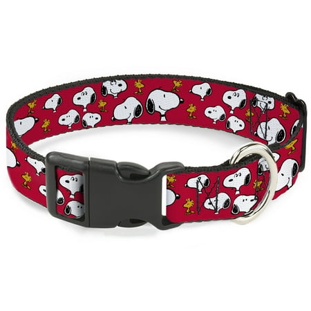 Peanuts Worldwide LLC Pet Collar Dog Collar Plastic Buckle Peanuts Snoopy and Woodstock Poses Scattered Red 8.5 to 12 Inches 0.5 Inch Wide
