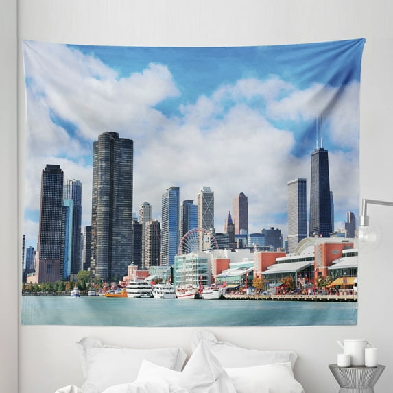 Chicago Skyline Tapestry, Cloudy Sky on City Contemporary Downtown States Country Office Panorama, Fabric Wall Hanging Decor for Bedroom Living Room Dorm, 5 Sizes, Multicolor, by Ambesonne