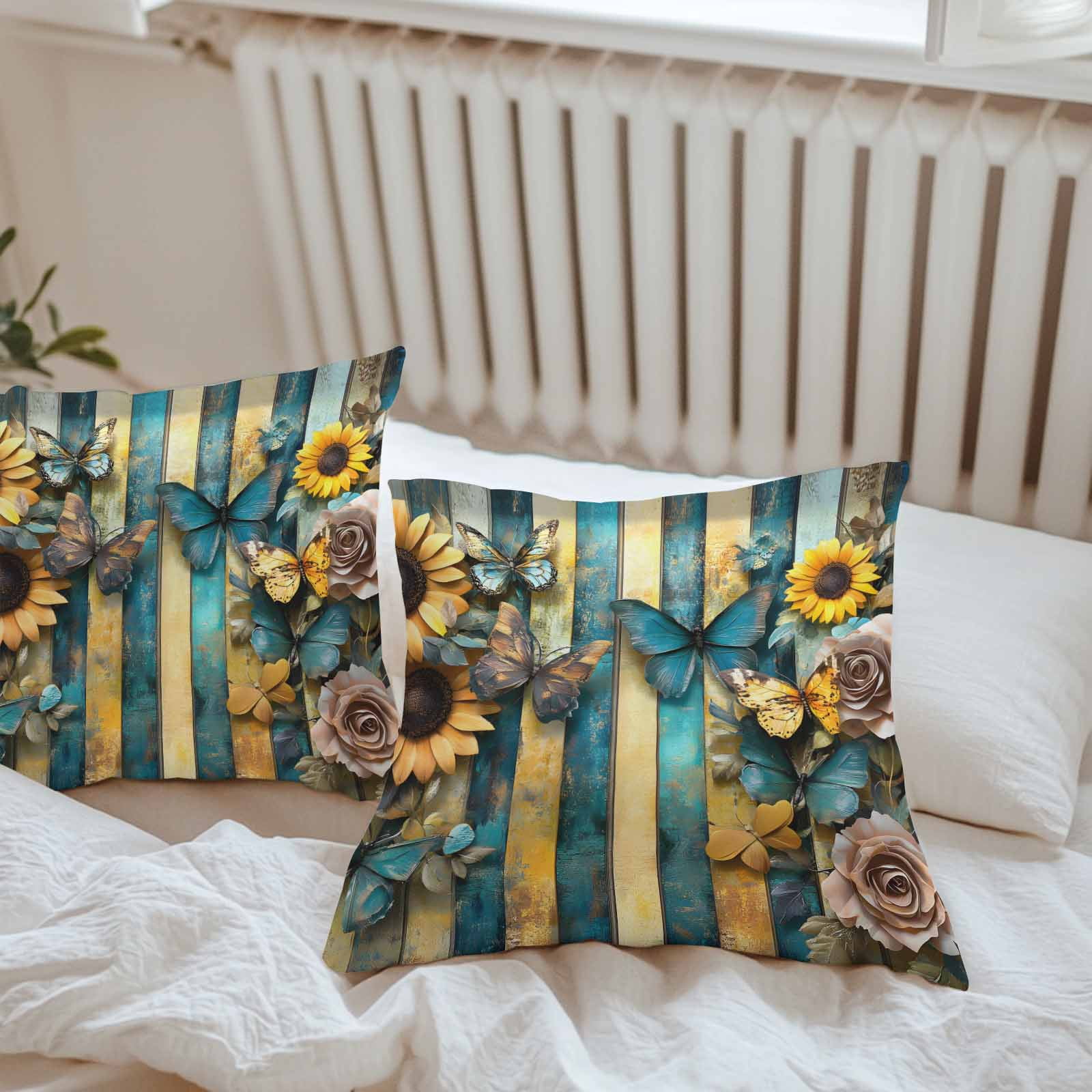 Outdoor Throw Pillows Covers 18X18 Set of 2 Waterproof Vintage Decorative Zippered Cushion Covers for Patio Furniture, Butterfly Sunflower Rose Striped Lumbar Pillowcases Yellow Blue