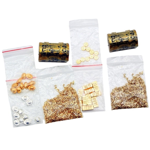 Jiibva 1Set Miniature Dollhouse Treasure Chest Pirate Coins Bars Tiny Decor for Dollhouse Scene Play Unique Accessories for Collectors