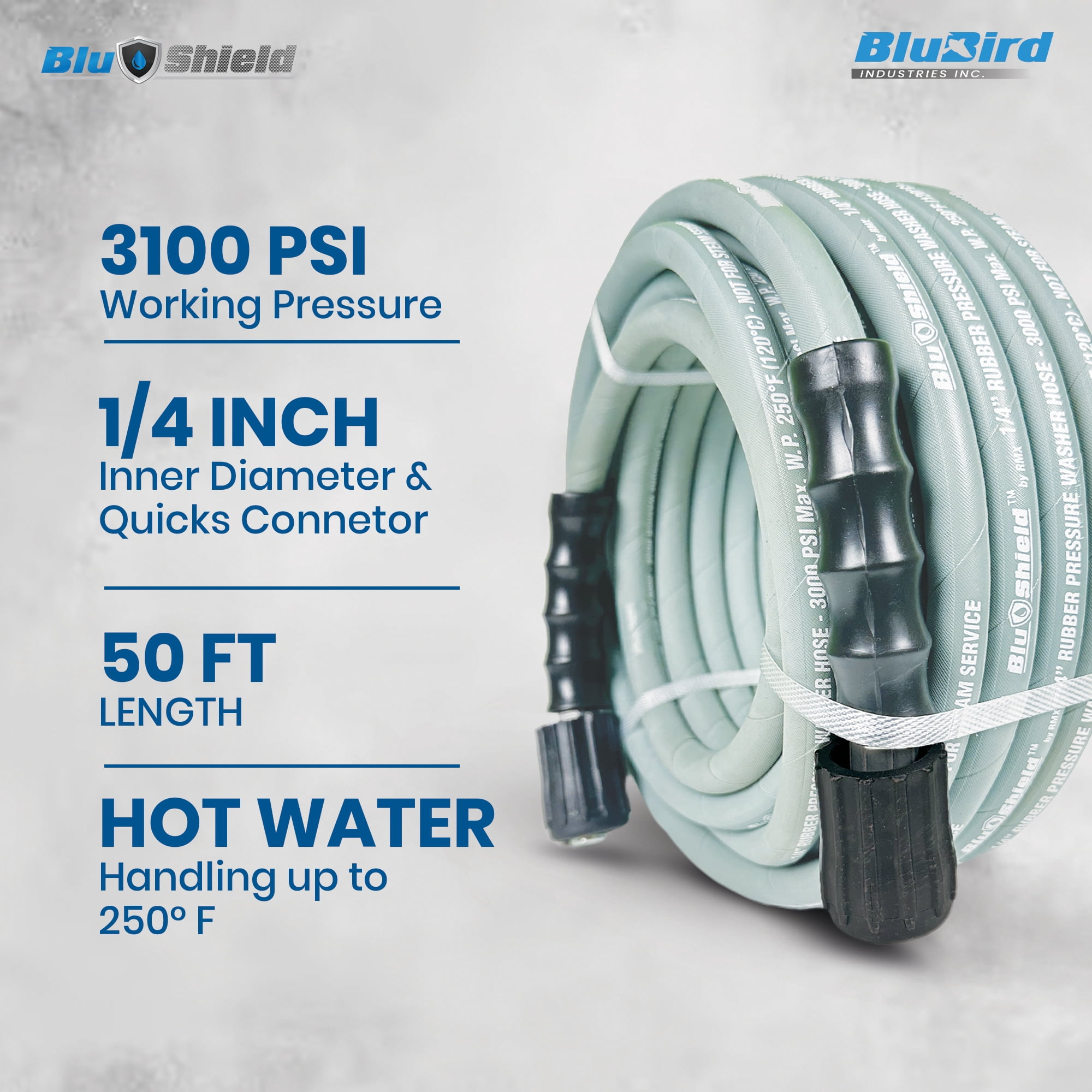 BluShield 1/4" x 50' Polyester Braided Rubber Pressure Washer Hose, 3100 Psi, Handle 250°F Hot Water, Heavy Duty, 35% Lighter, Flexible (1/4" x 50' M22 Non Marking)