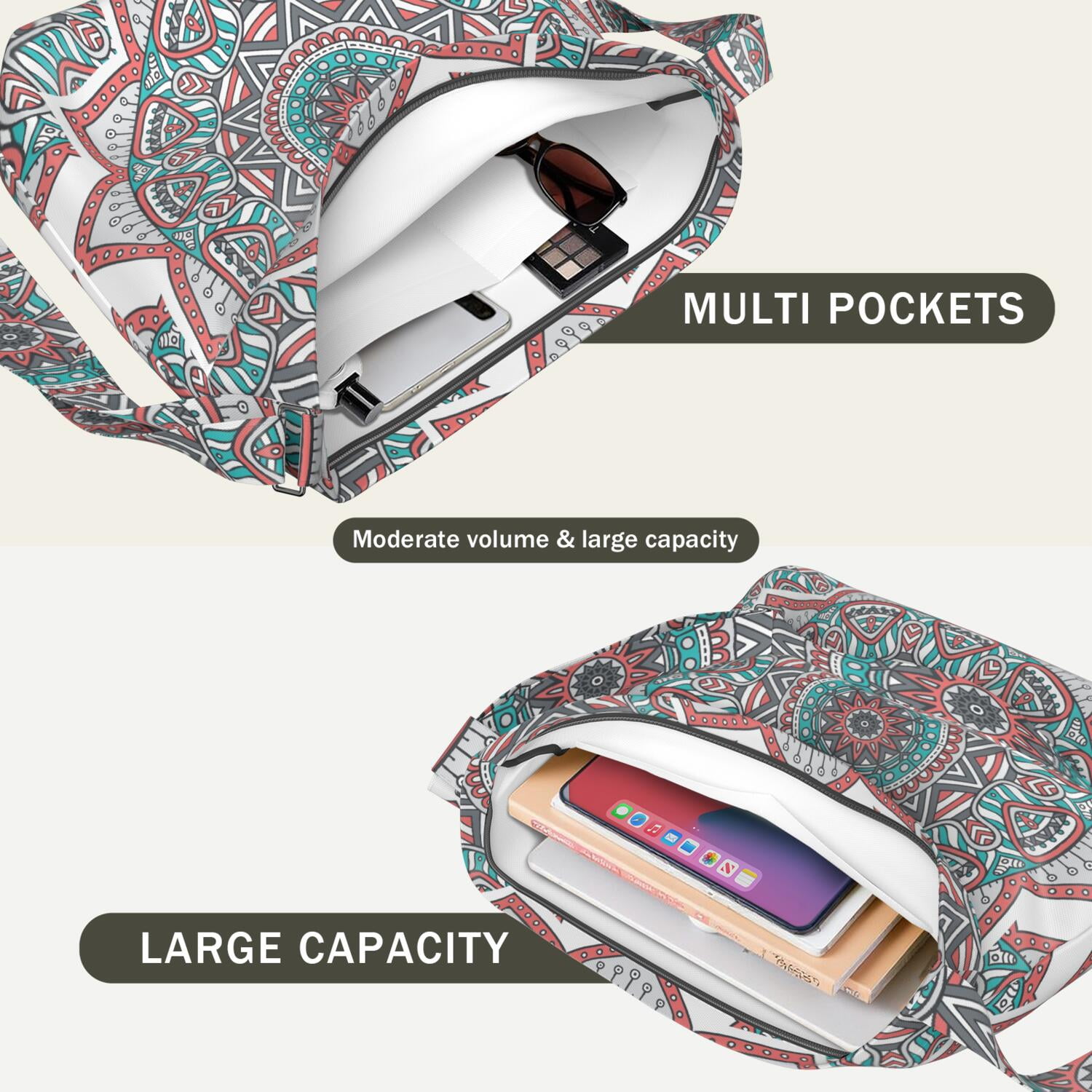 Abstract Ornamental Mandala Shoulder Bag Stylish Multi-Pocket Work & Travel Handbag