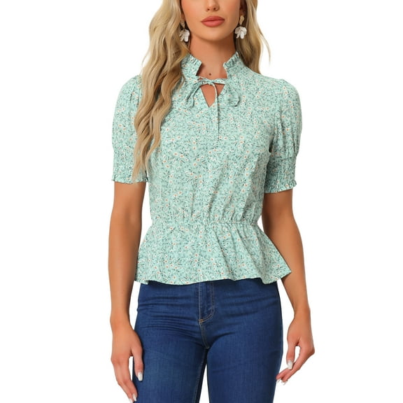 INSPIRE CHIC Women's Floral Print Summer Ruffle Neck Short Sleeve Peplum Top