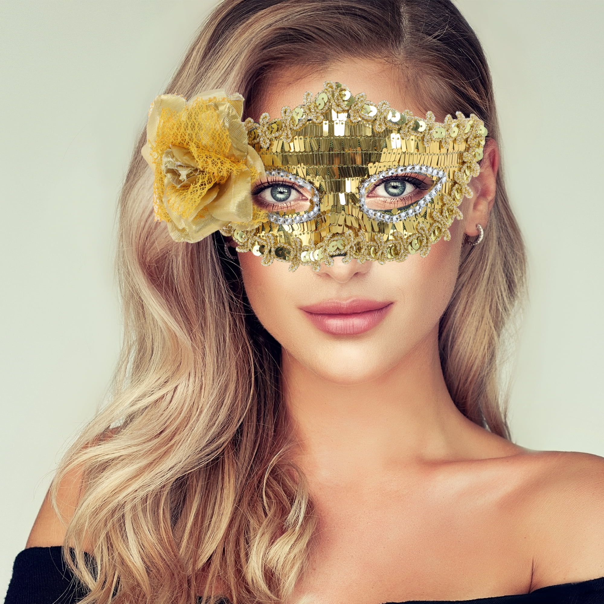 Unique Bargains Floral Sequins Half Face Party Mask Gold Tone