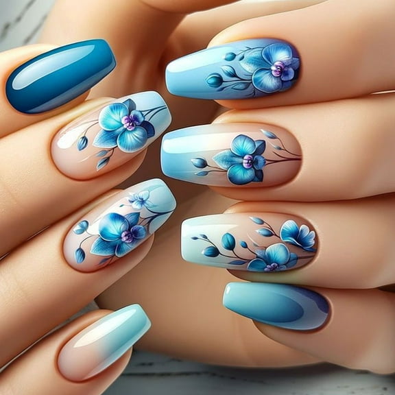 24 Pcs Glossy Press On Nails French Tips False Nails Flowers Full Covers On Nails Short Ballerinas Acrylic Nails