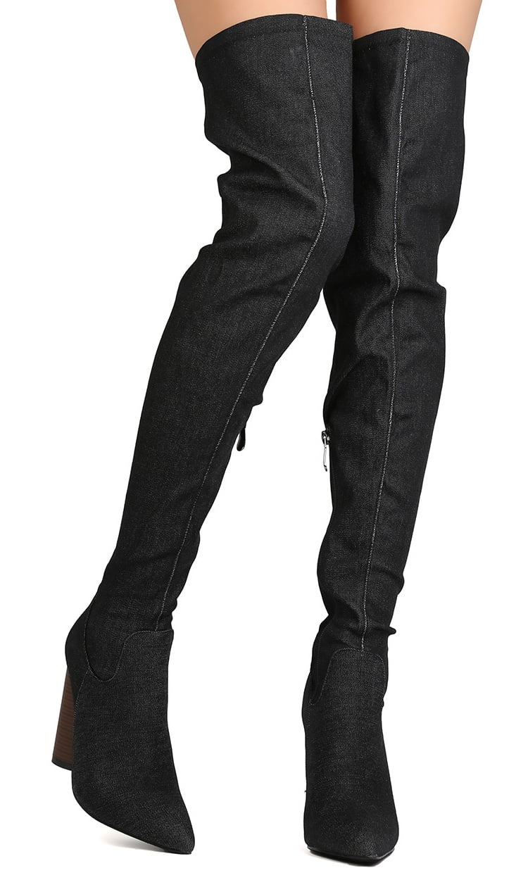 denim thigh high boots chunky heel