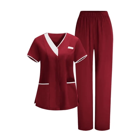 2026 Scrub for Cleaning Jobs Uniform Multi Pockets Scrubs for Women Sets V-Neck Top & Straight Leg Pants Scrubs Set, L