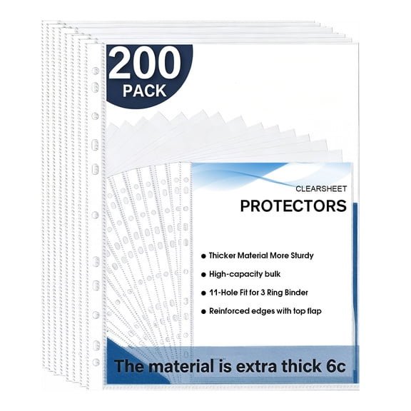 BrilhoGlee 200 Pack Sheet Protectors, Heavy Duty Clear Plastic Page Protectors Sheet Reinforced 11-Hole Fit for 3 Ring Binder, Sheet Protectors for Binders Documents, Extra Thick