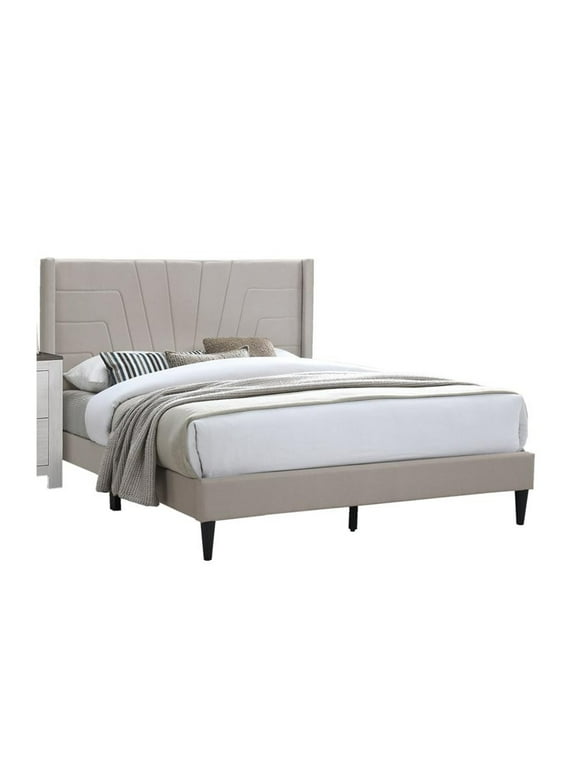 Benjara Kopa Queen Size Bed with Tufted Headboard, Brown Burlap Upholstery, Wood