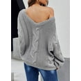 thumbnail image 3 of Women's Off Shoulder Long Sleeve V-Neck Ribbed Cable Pullover Sweaters Loose Fitting Jumper Tops, 3 of 6