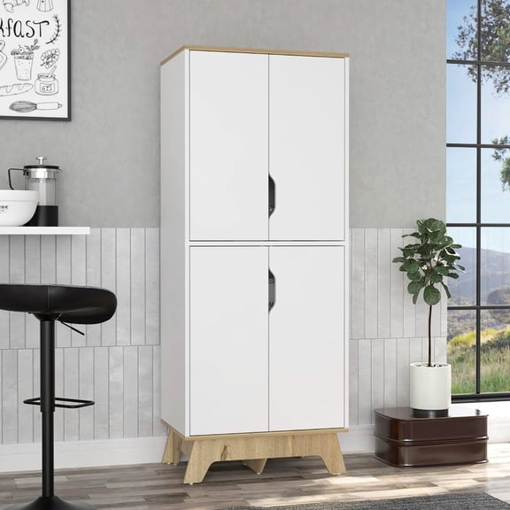 Kitchen Double Pantry - Four Legs, Shelves, Door, Oak / White And With Legs Shelves