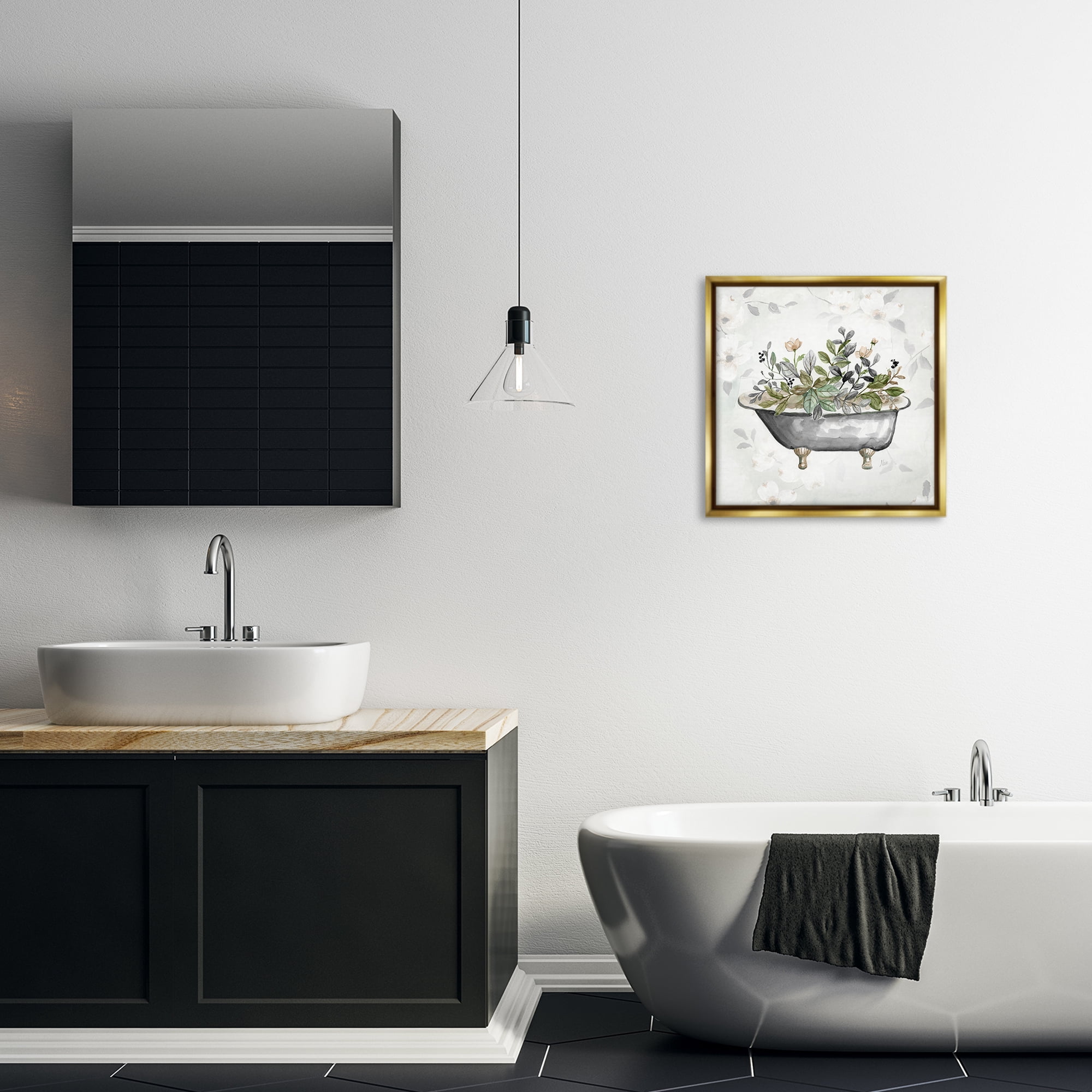 Stupell Industries Leaf Patterned Tub Typography Painting Gold Floater Framed Canvas Art Print Wall Art, 18 x 18