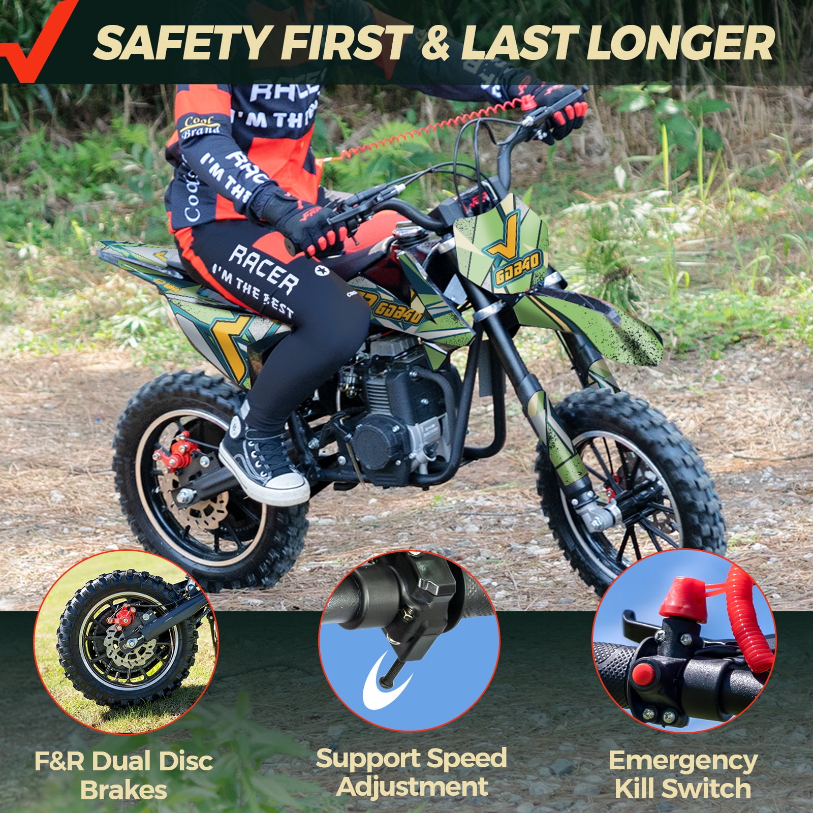 FRP OGM40 Kids Dirt Bike, 40CC 4-Stroke Dirt Bike for Kids, Gas Powered Off-Road Mini Bike with Front & Rear Disc Brake, Up to 20 Mph, Weight Support Up to 132 LBS（Green）