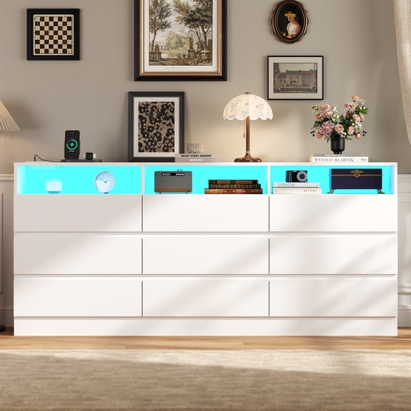 White 9 Drawer Dresser with LED Light and Charging Station, Bedroom Chest of Drawers with Power Outlet, Wood Storage Cabinet Organizer for Clothes, Closet, Living Room Furniture