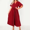 thumbnail image 2 of Vestido largo elegante con cuello en V y pliegues para mujer - Vestido midi fluido de gasa con corte en A - Adecuado para el trabajo, bodas, fiestas y uso diario, 2 of 5