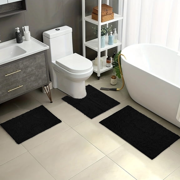 Tuvgenk Quick Dry Bathroom Rugs Sets 3 Piece Absorbent Non Slip Bath Mat Set 1'X2', 2'X2', 2'X3' Black U Shaped Large Toilet Contour Rug