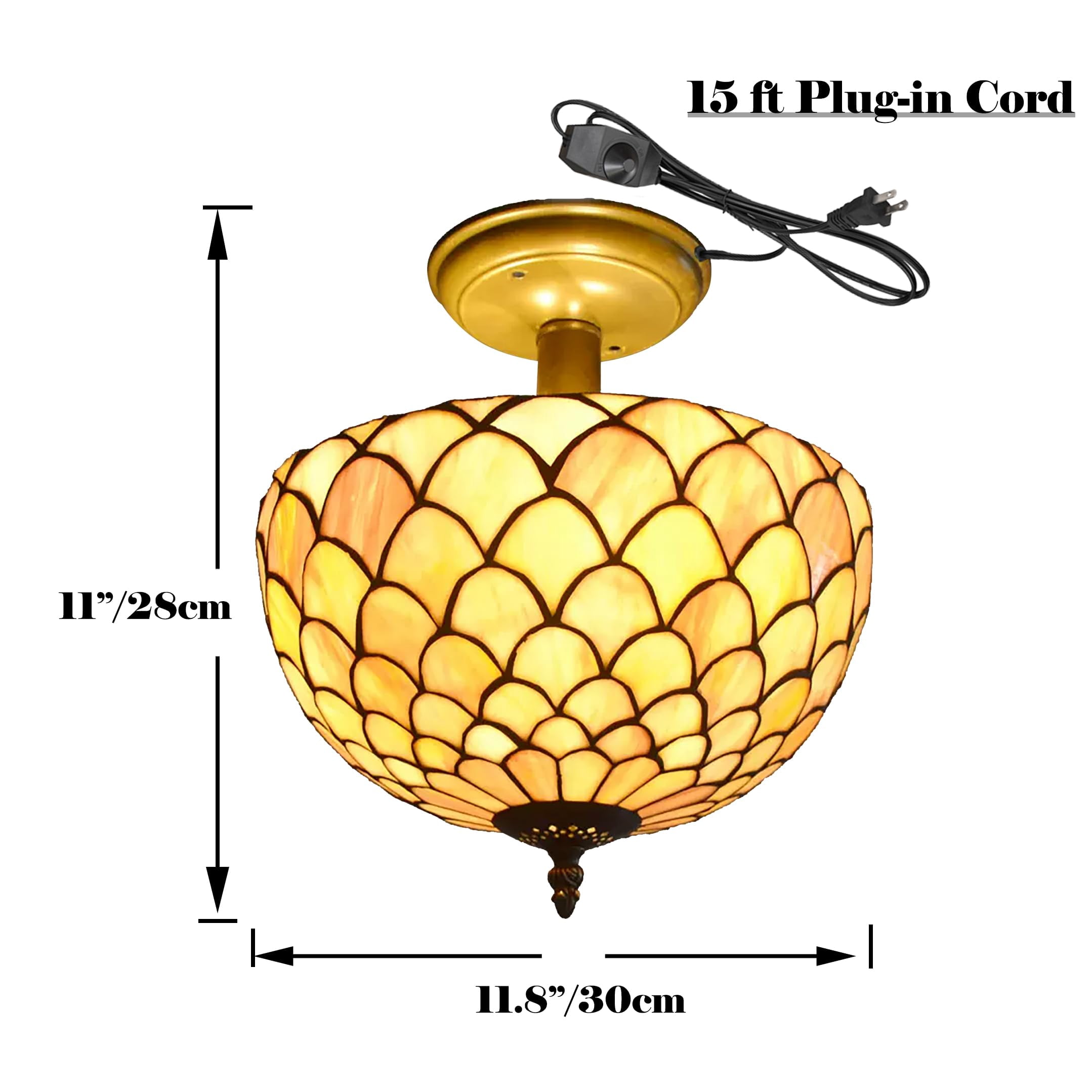Kiven 11.8in Plug-in Flush Mount Ceiling Light Fixture, 2-Light Anti Glare Close to Ceiling Light with 15FT Cord, Tiffany-Style Glass Chandelier Dimmable for Bedroom Kitchen Hallway(No.3186)