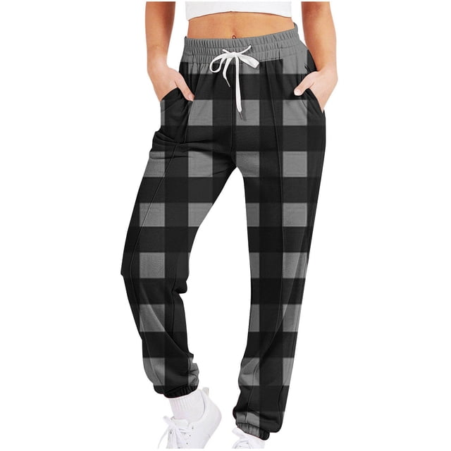 ShomPort Plaid Sweatpants for Women High Waisted Drawstring Pants Joggers Baggy Sport Workout Pants