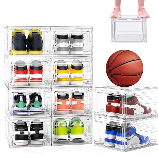 Juego de 10 zapatera organizador transparente organizador de zapatos de plástico rígido caja de zapatos apilable con puerta de succión plegable (blanc