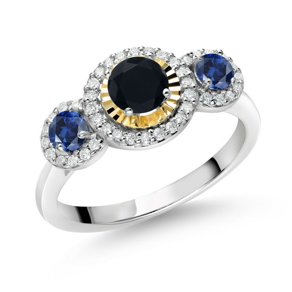 Gem Stone King 0.71 Ct Round Black Onyx Blue Created Sapphire 925 Silver and 10K Yellow Gold 3 Stone Women's Lab Grown Diamond Ring (Size 5)
