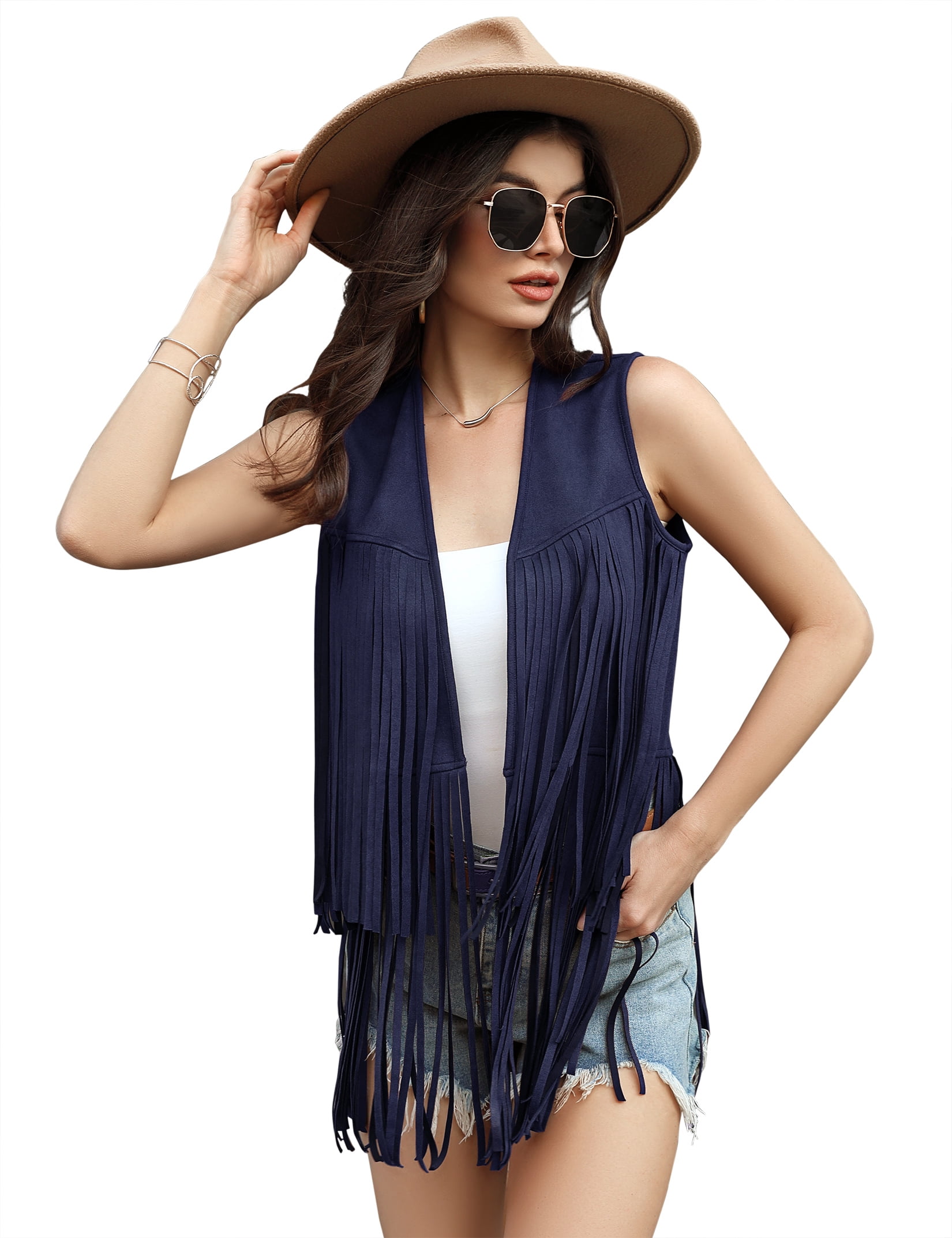 Yesfashion Women's Fringe Vest 70s Hippie Sleeveless Tassel Long Cardigan Jacket Cowgirl Western Tops