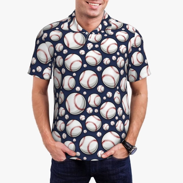 Fotbe Cute Basebal Pattern Men’s Golf Polo Shirt – Breathable Performance Golf Shirt with Button-Down Collar-Medium