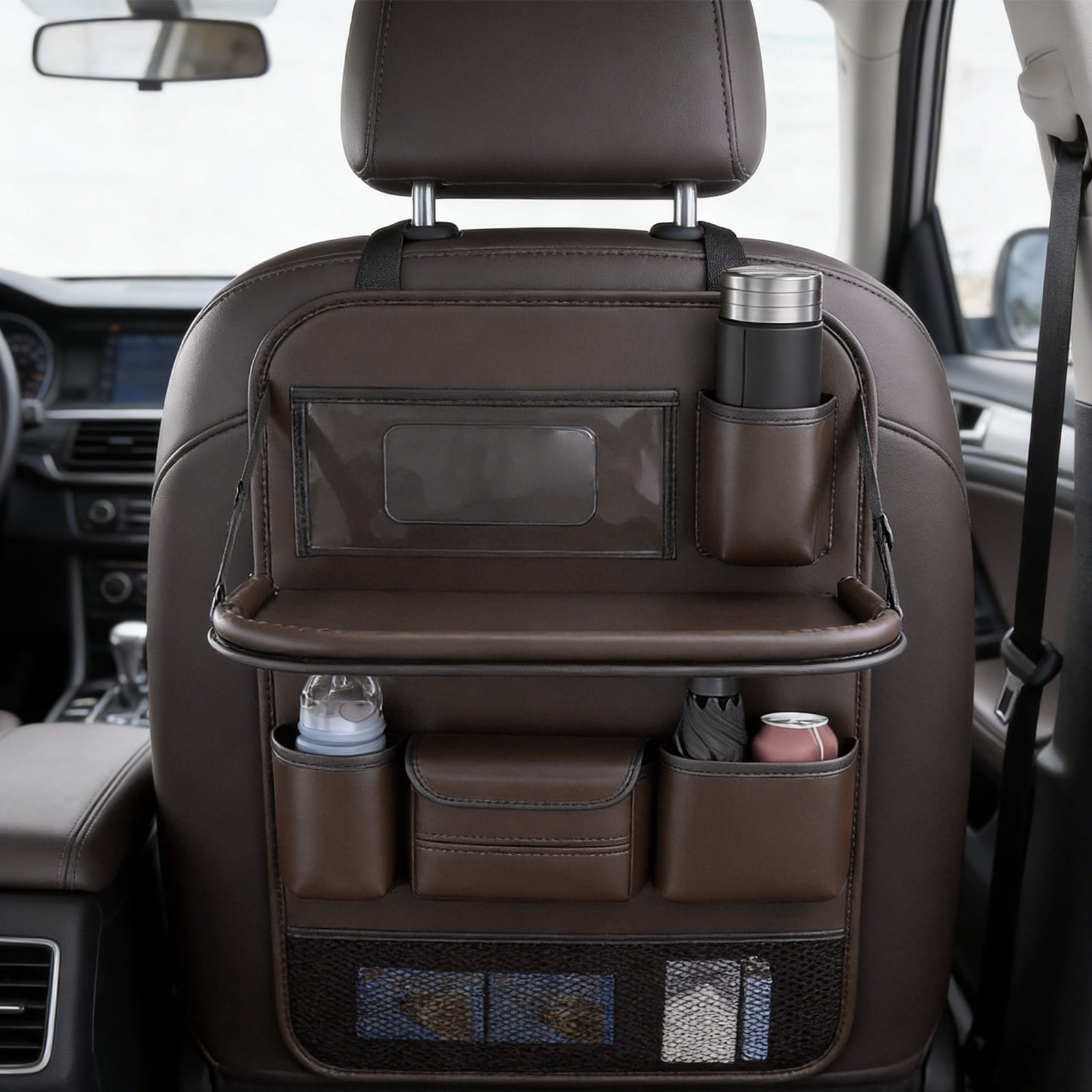 Leather Car Backseat Organizer with Foldable Table Tray, Car Storage Organizer with Tablet Holder, Car Seat Back Protectors Kick MatsTravel Accessories(Black)