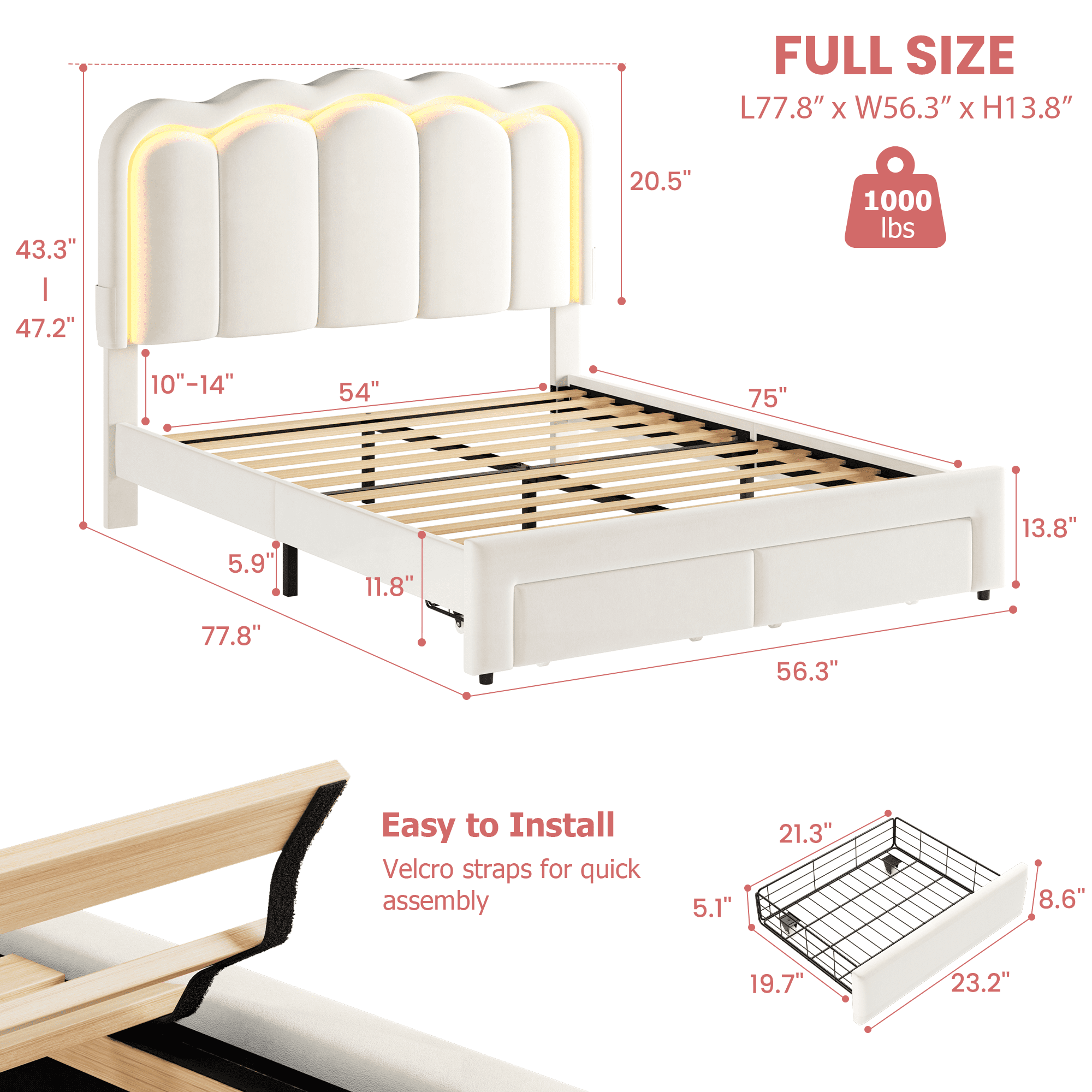 Hijob Full Size LED Bed Frame for Girls/Kids with Storage Drawers, Velvet Upholstered Platform Bed with Adjustable Headboard, Built in Charging Station, Beige