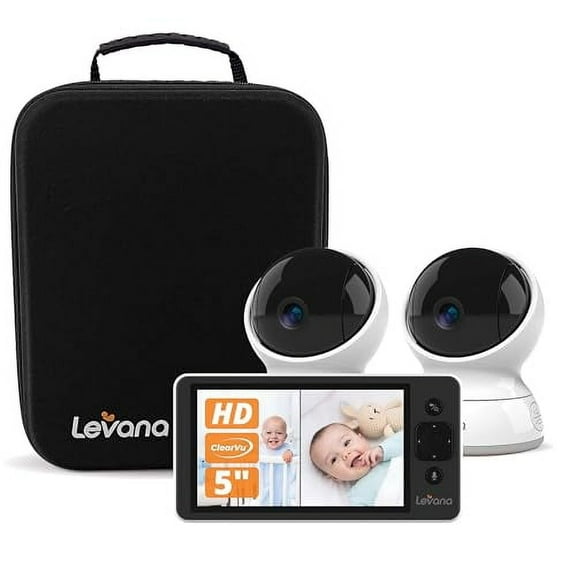 Levana Ella Video Baby Monitor No Wifi, 2 720P HD PTZ Cameras & 5” 720P HD Monitor, 22 Hours Battery Life, Up to 1000ft. Range, Premium Carrying Case, Two Way Talk, Night Vision, Multiple Cam Mode