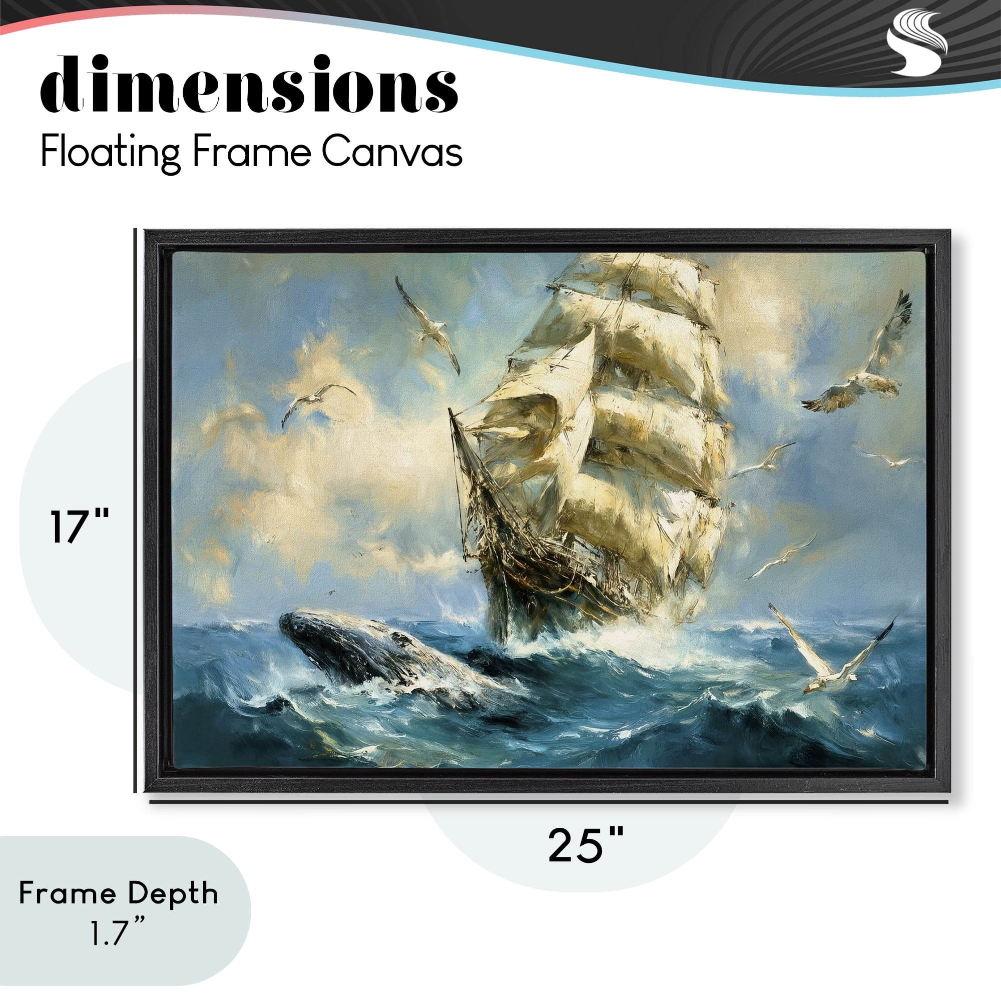 Stupell Industries Clipper Ship & The Whale Black Framed Floater Canvas Wall Art, design by Tina LeCour