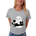 thumbnail image 6 of COMVALUE Ghost Cat Mug Illustration Wear T Shirt, Cute Cartoon Ghost Cat Graphic Shirt, Trick Treat Party Tee (Grey, S), 6 of 9