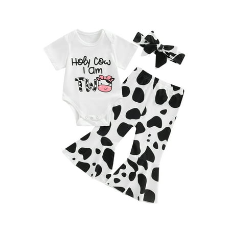 

Suanret Toddlers Kid Girl Summer Streetwear Set Infants Short-Sleeved Letter Printed Jumpsuit T-shirt Cow Print Flare Pants Headband White Two 18-24 Months